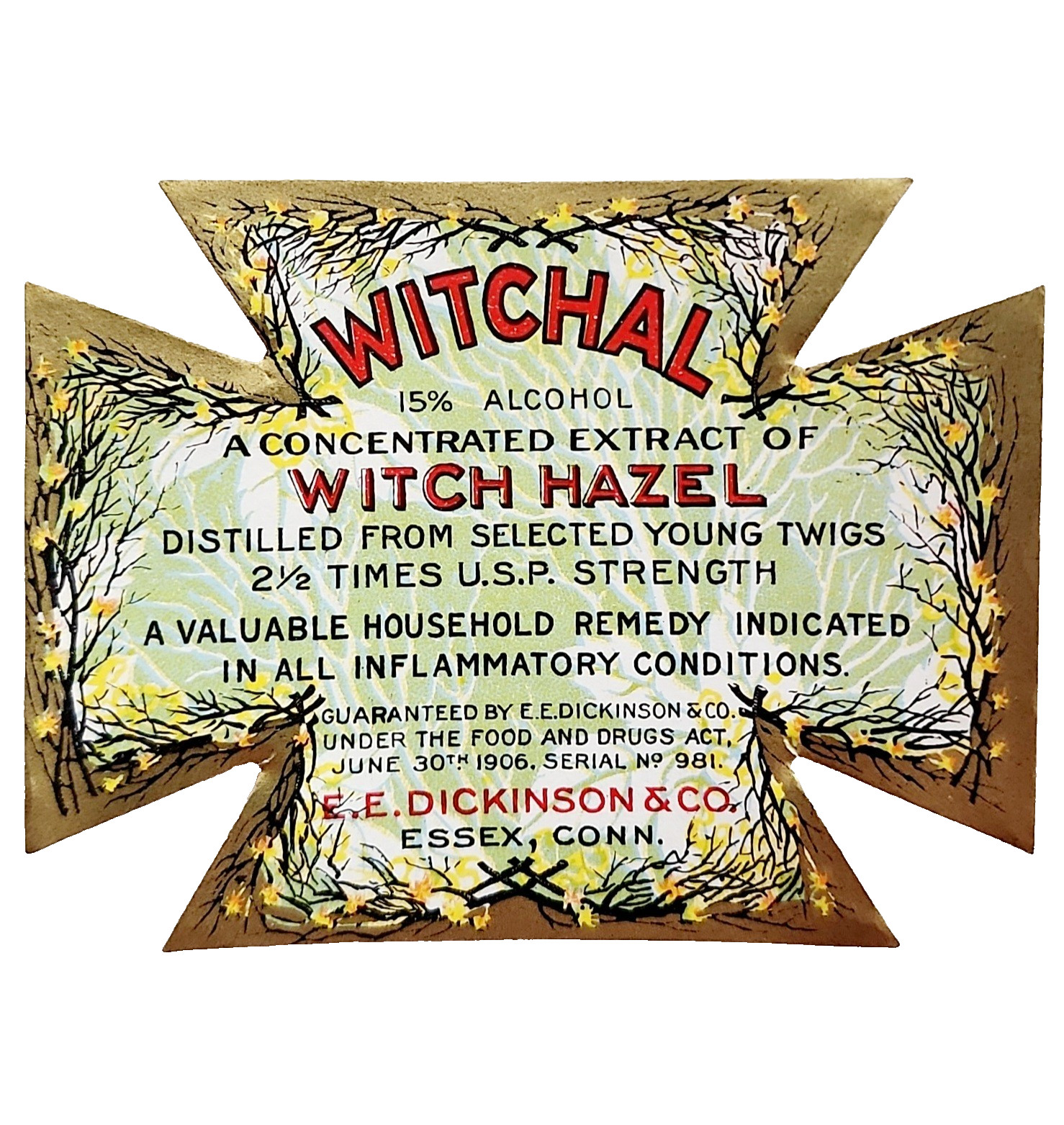 1906 Witchal Witch Hazel Label Antique Medical Dickinson Essex Connecticut J1