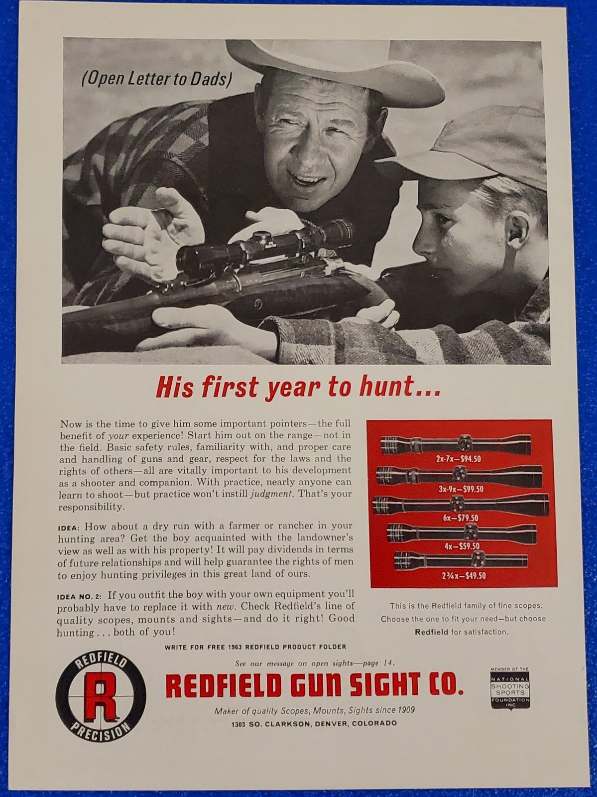 1963 REDFIELD GUN SIGHT COMPANY HUNTING SCOPE & MOUNTS CLASSIC ORIGINAL PRINT AD