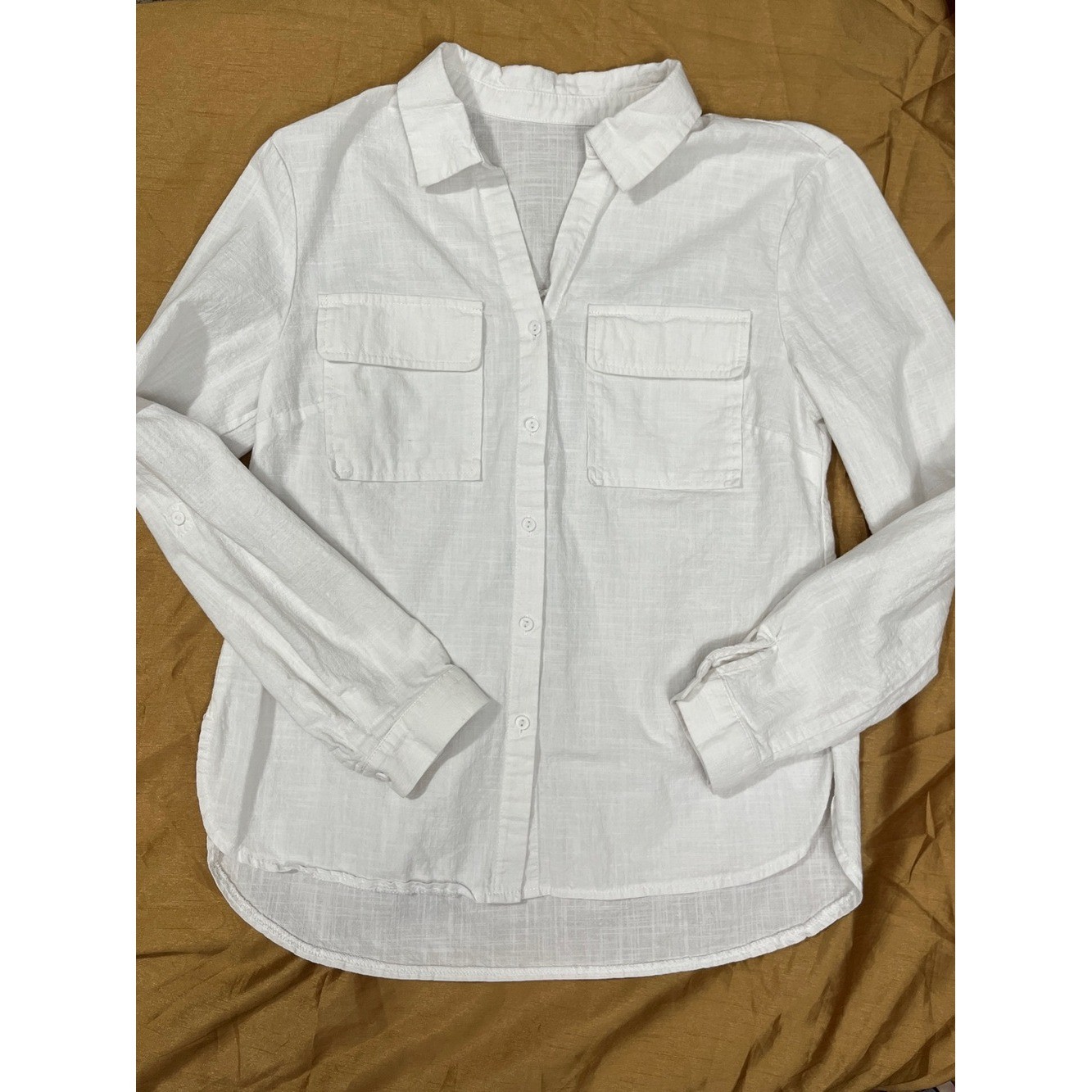 Classic White Long Sleeve Button Front Shirt small flax cotton