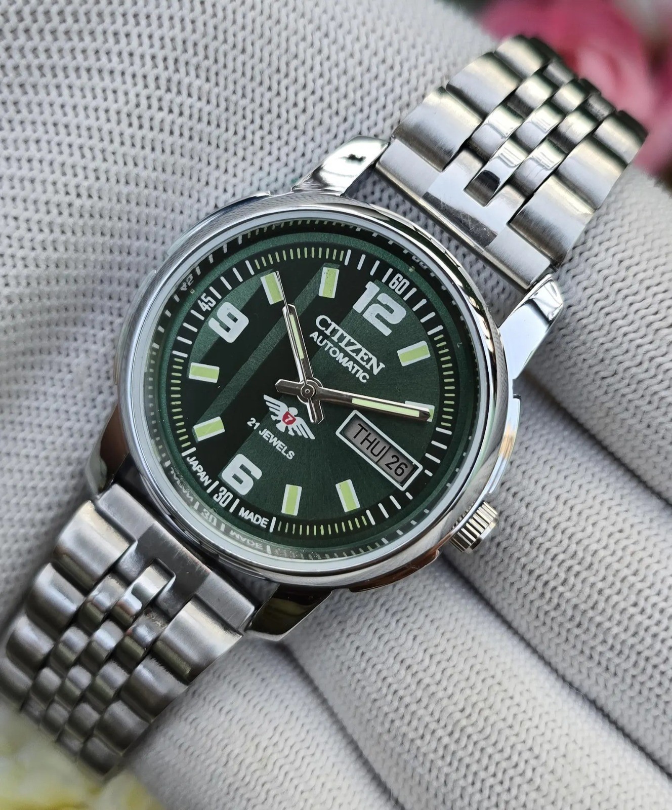 Vintage Citizen Automatic Men Steel Transparent back Day Date Japan Wrist Watch