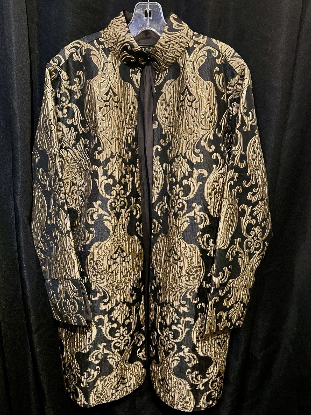 Heidi Daus Black Gold Brocade Stand Up Collar Open Jacket Pockets Cocktail XL
