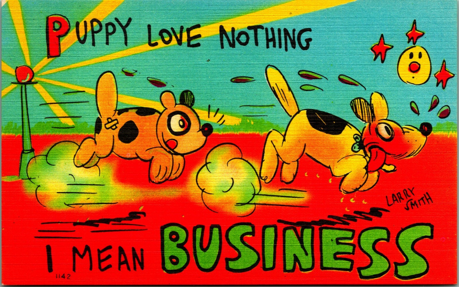 Larry Smith Artist Signed Comic Puppy Love Dogs Linen Asheville Postcard Co UNP