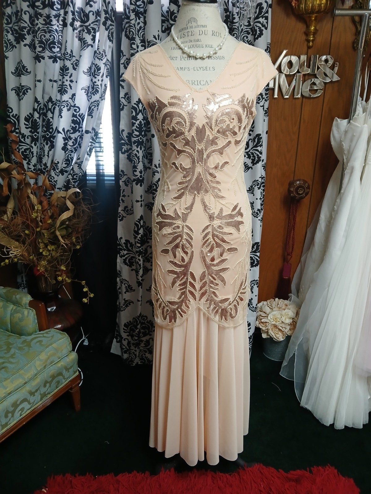 Champagne 1920\'s Style Flapper  Rose Gold Embroidered Dress Size S