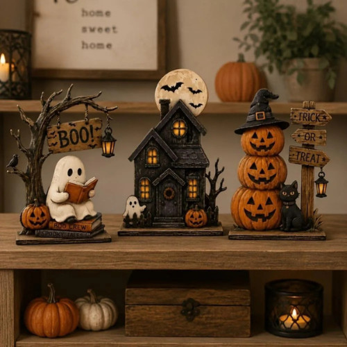 3pc Halloween Decor Set Haunted House Ghost Pumpkin Tabletop Statue Centerpiece