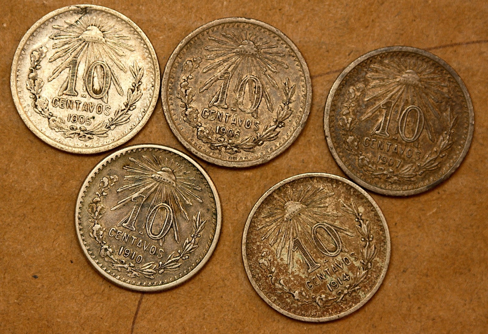 Lot of 5 XF Toned : 1905, 1906, 1907, 1910, 1914 Mexico 10 Centavos, .800 Silver