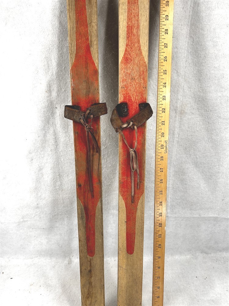 antique wooden skis childs bent wood Withington label 42 long original 1900