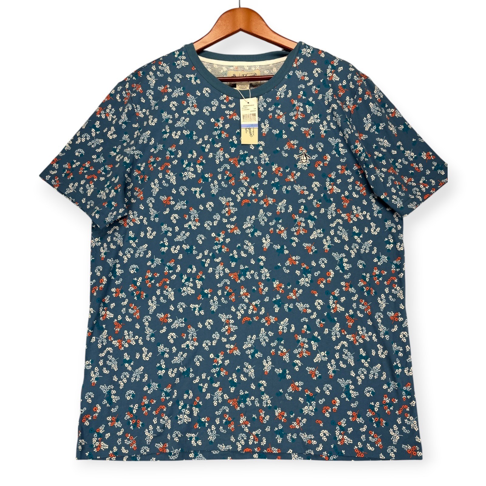 Original Penguin Men\'s XL Midnight Blue Floral Embroidered Tee 100% Cotton NWT