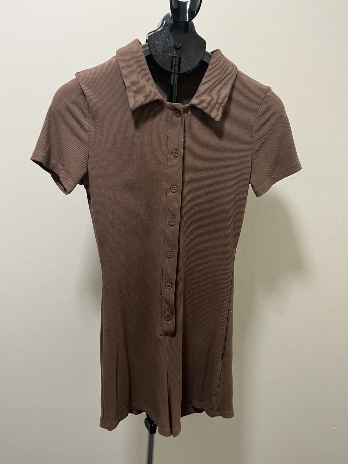 Womens Chocolate Brown Ribbed Knit Polo Collar Mini Dress Short Sleeve Button Womens Chocolate Brown Ribbed Knit Polo Collar Mini Dress Short Sleeve Button