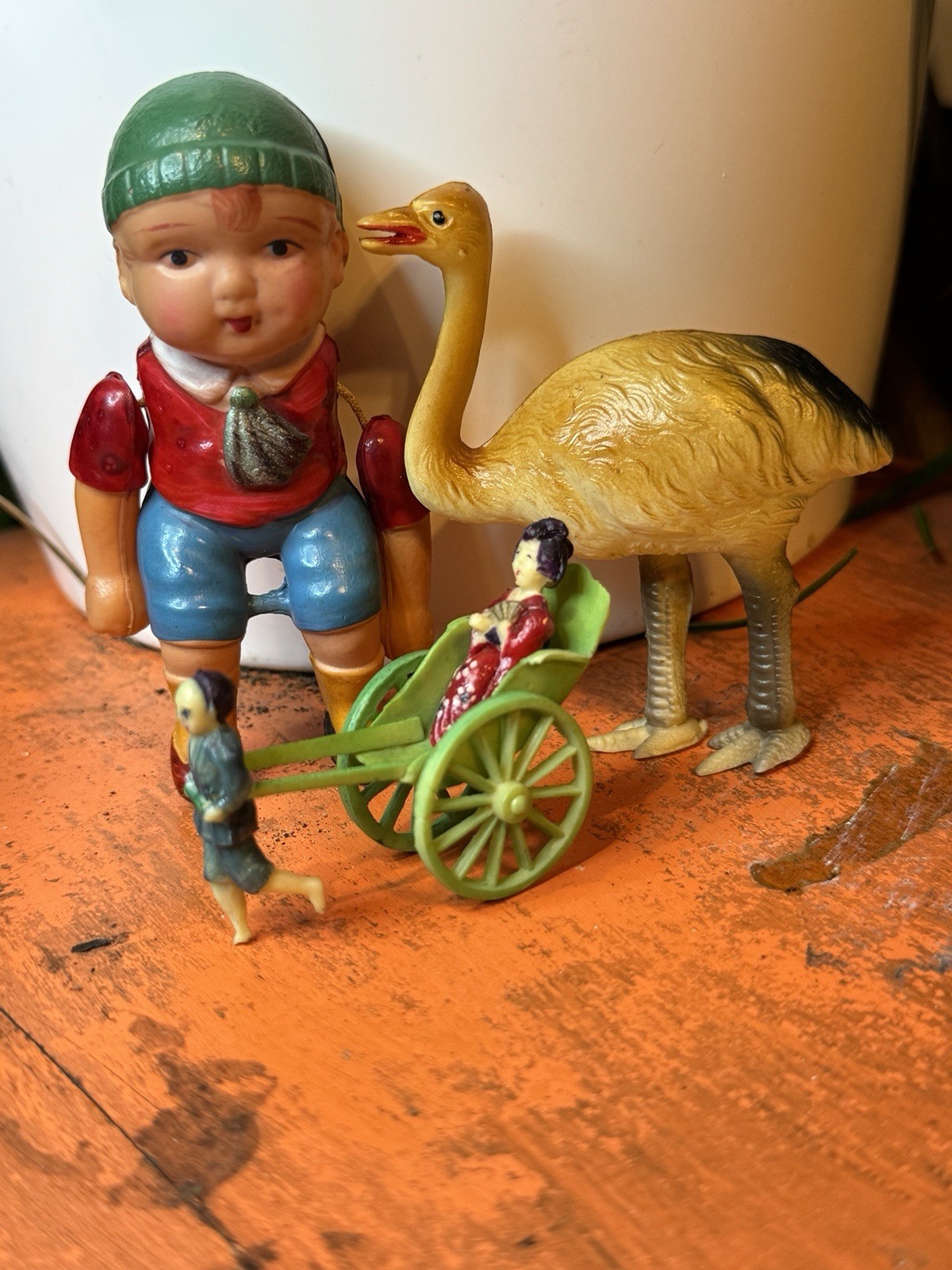 RARE Vintage Occupied Japan Sato SKS Celluloid Climbing Boy Rickshaw Ostrich Lot