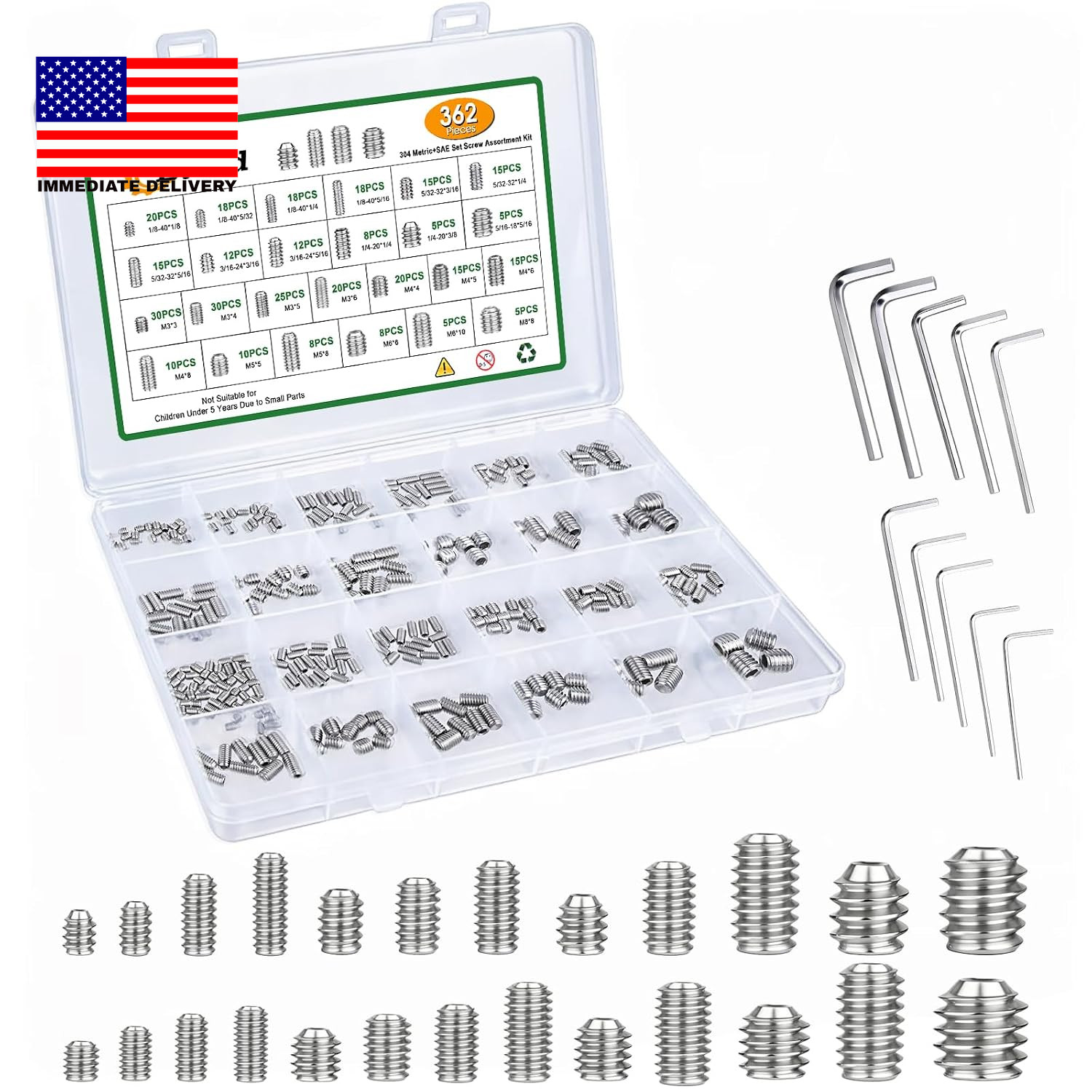 362Pcs 25 Size Set Screw Assortment Kit,M3-M8, 1/8\