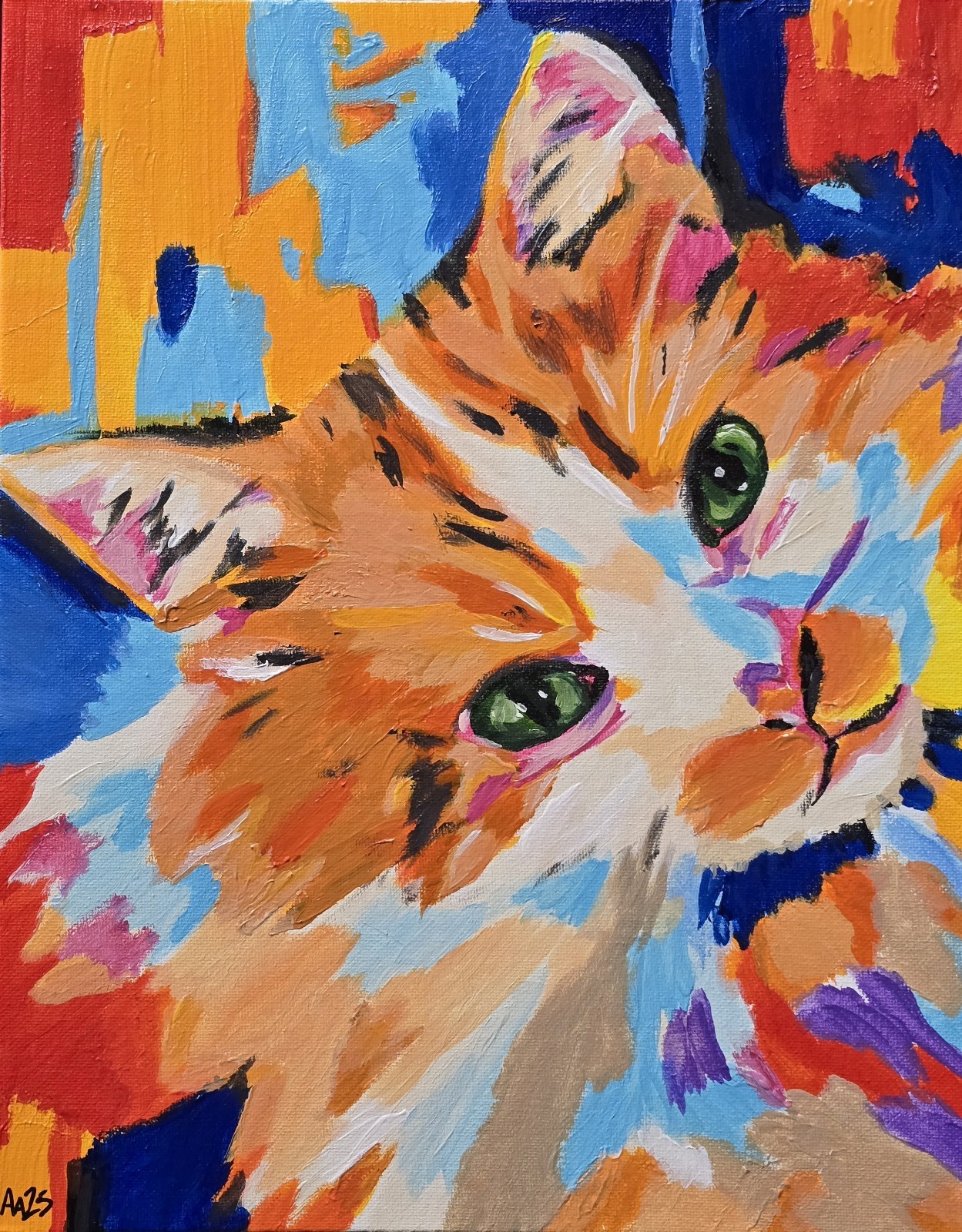 Original Acrylic Painting 11x14 Colorful Orange Cat Abstract Pop Art Signed