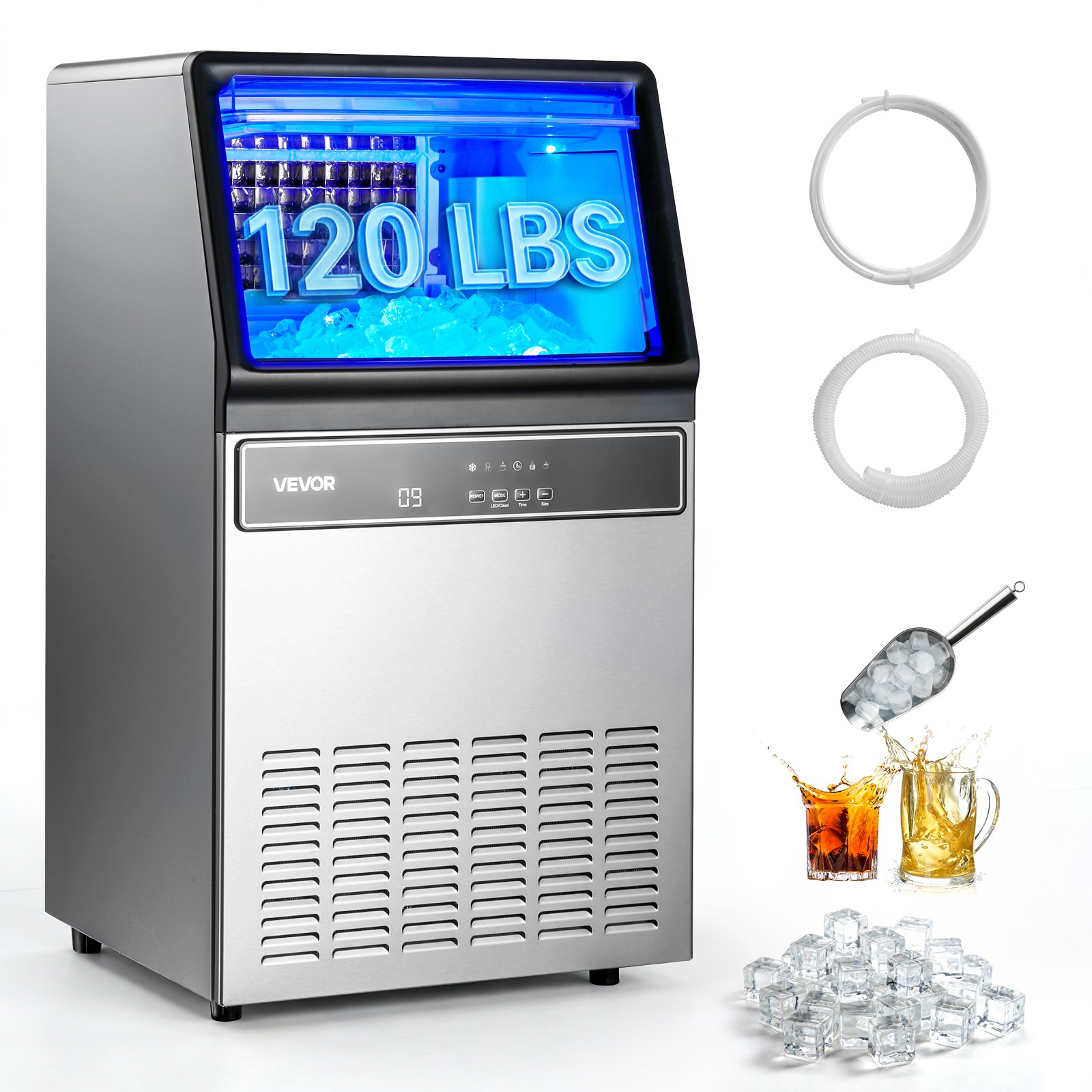 VEVOR Commercial Ice Maker 120Lbs/24H Ice Machine 33Lbs Storage Bar Restaurant