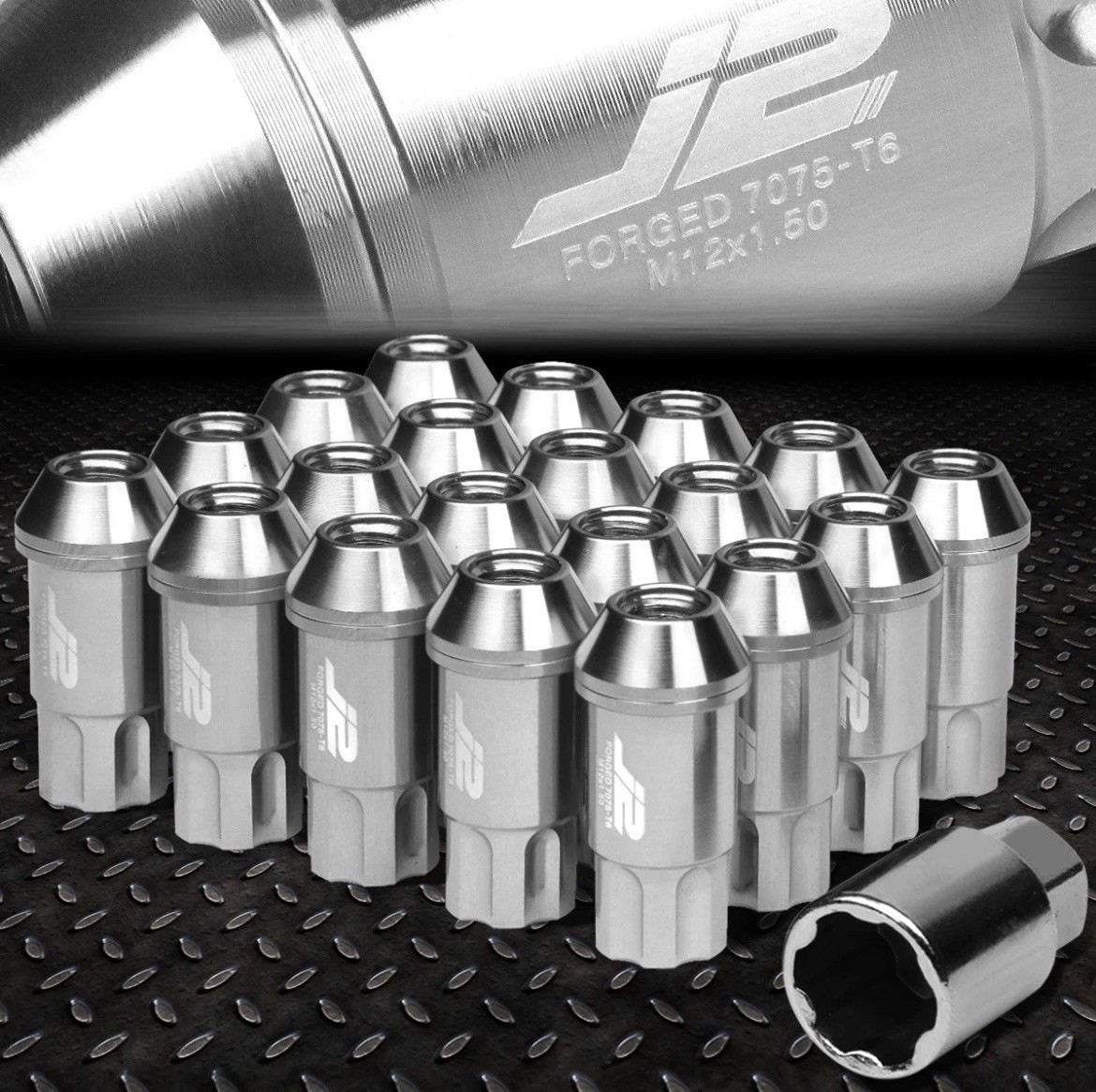 J2 ENGINEERING 7075 ALUMINUM M12X1.5 20PCS 50MM OPEN END LUG NUT SET+KEY SILVER