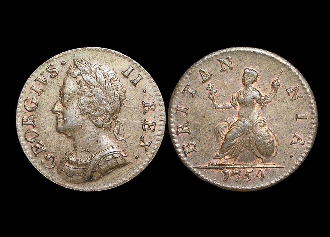 Great Britain, George II (1727-1760), Copper Farthing, 1754, a lot of (1) coin(A