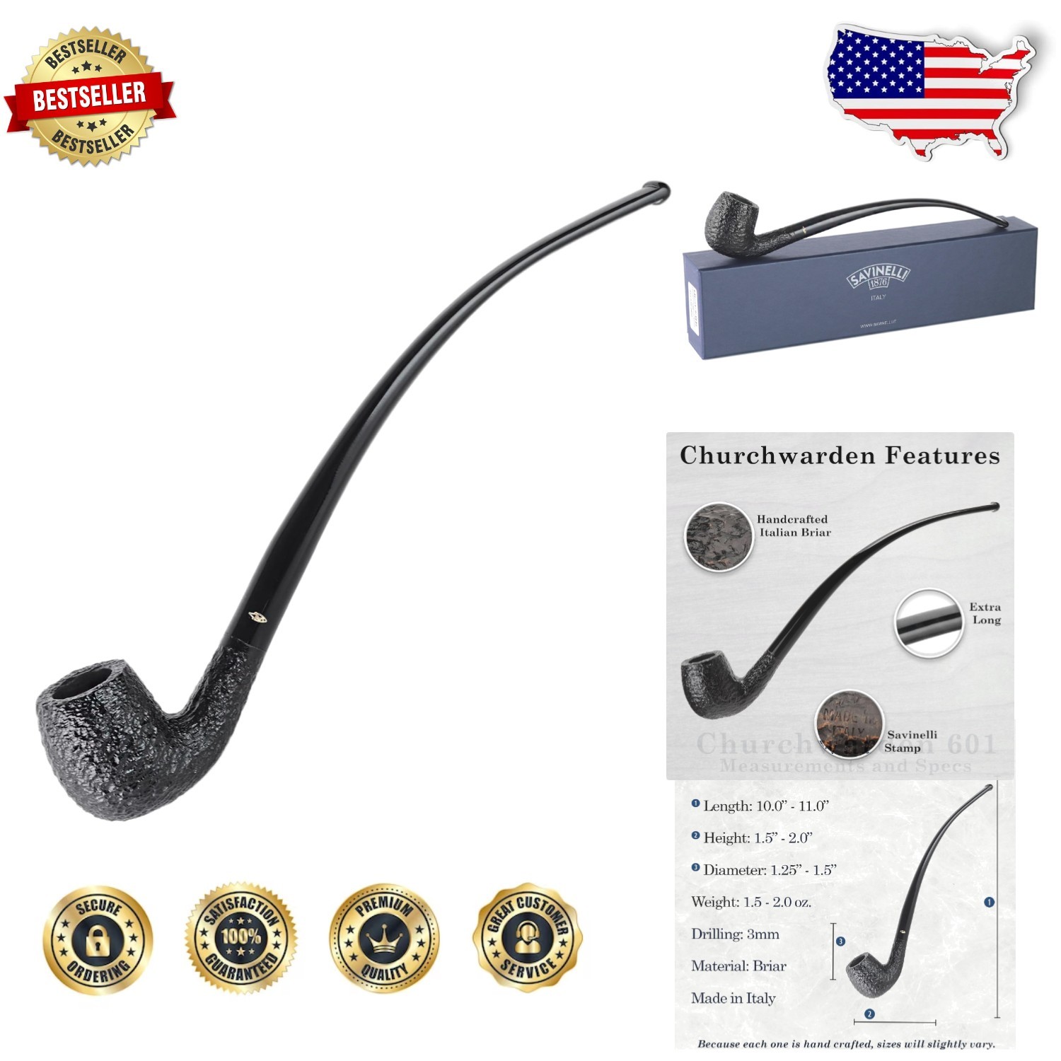 Handmade Briar Churchwarden Pipe Black - 6\
