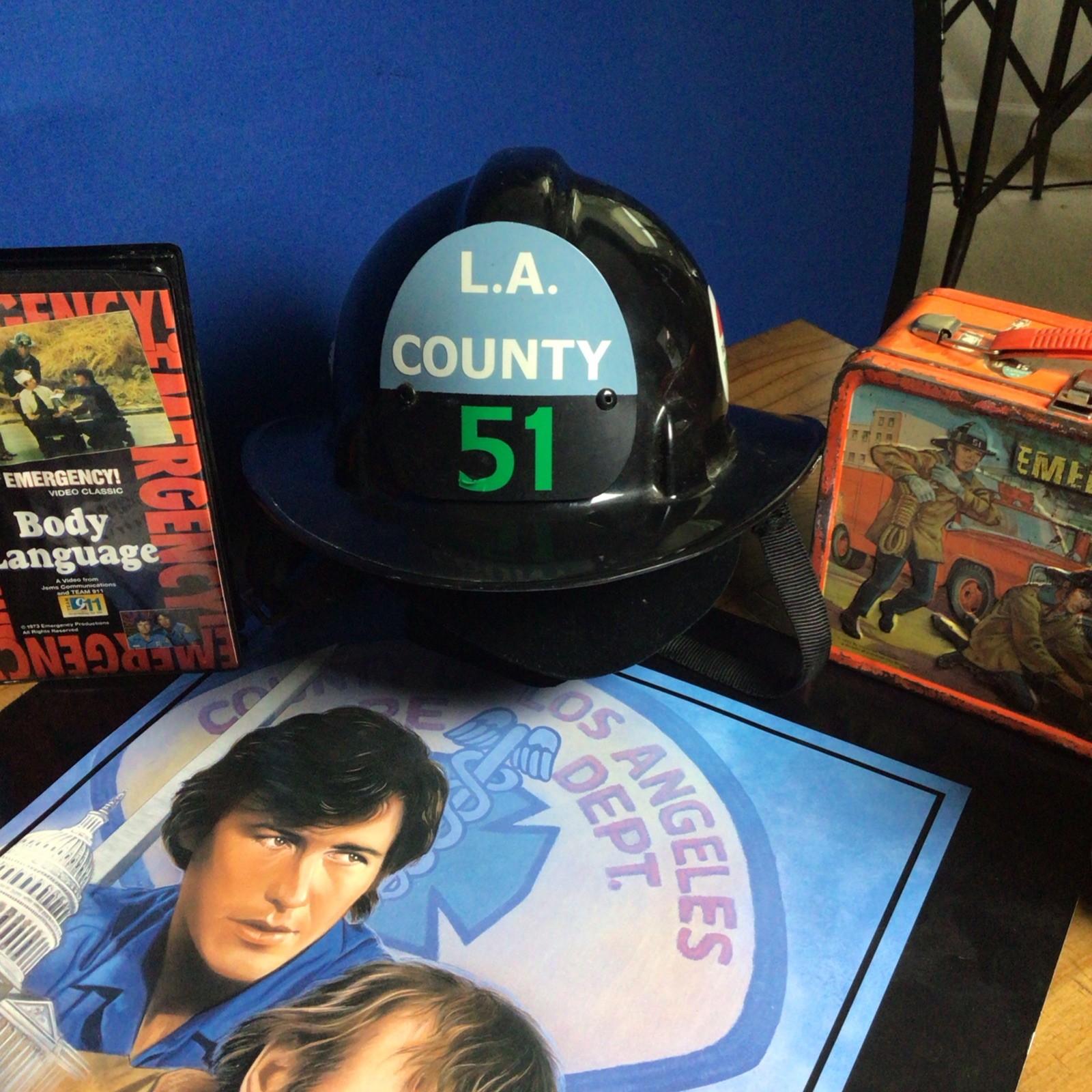 EMERGENCY  LA COUNTY SQUAD 51 FIRE HELMET-DVD VHS lunch box Autographed, posters