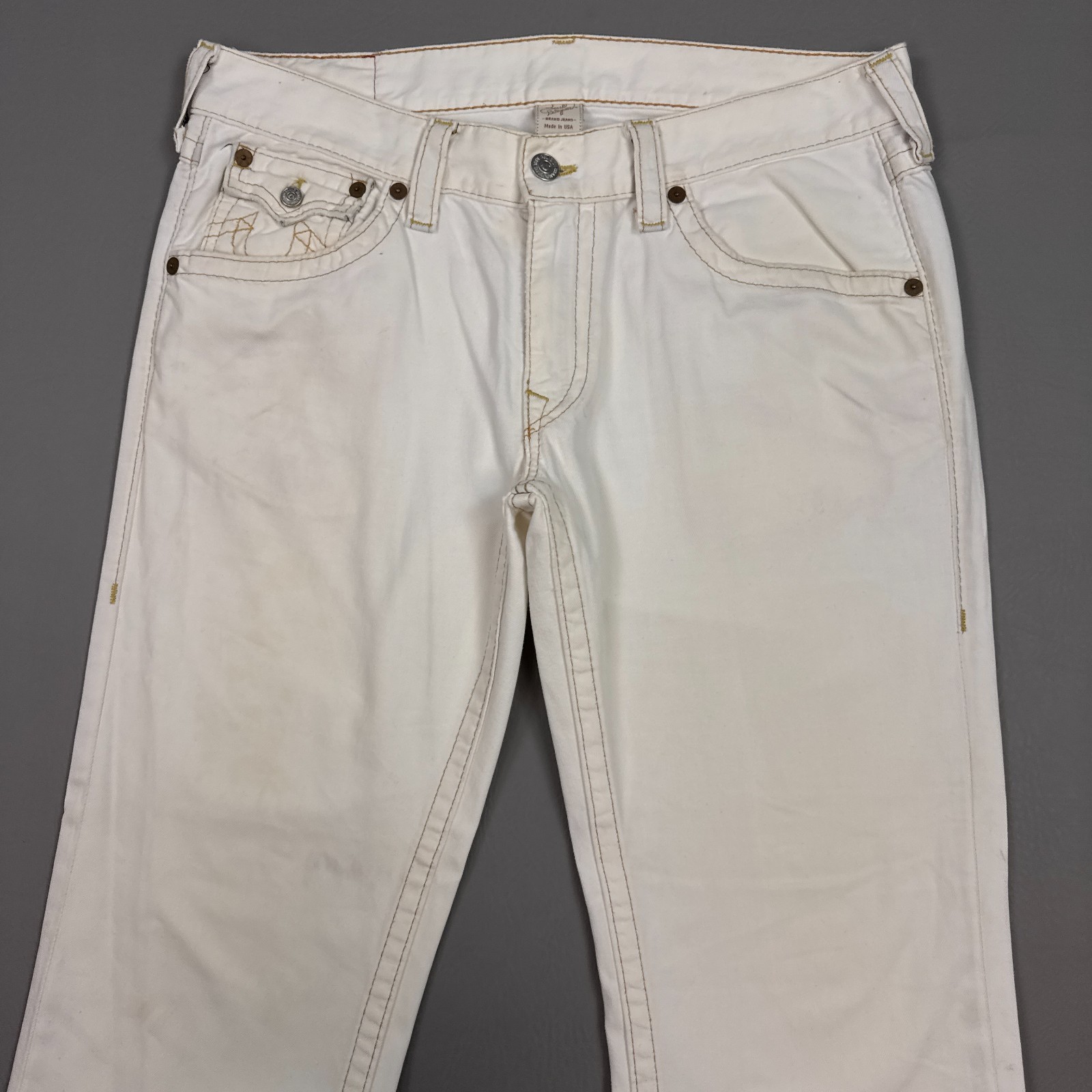 True Religion Jeans Men 36x34 White Bootcut Distressed Flay Heavy Stitch Pants