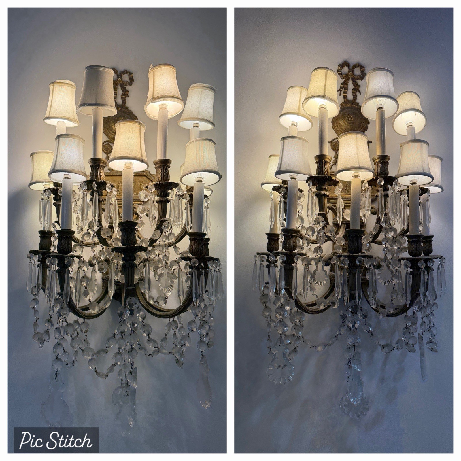 Antique Pair of French Bronze & Crystal Nine Light Wall Sconces Rewired