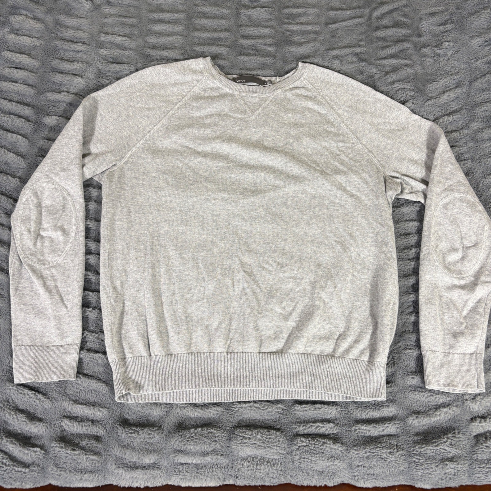 Vince Mens Gray Cotton Raglan Crewneck Sweater Elbow Patches Size M AR098