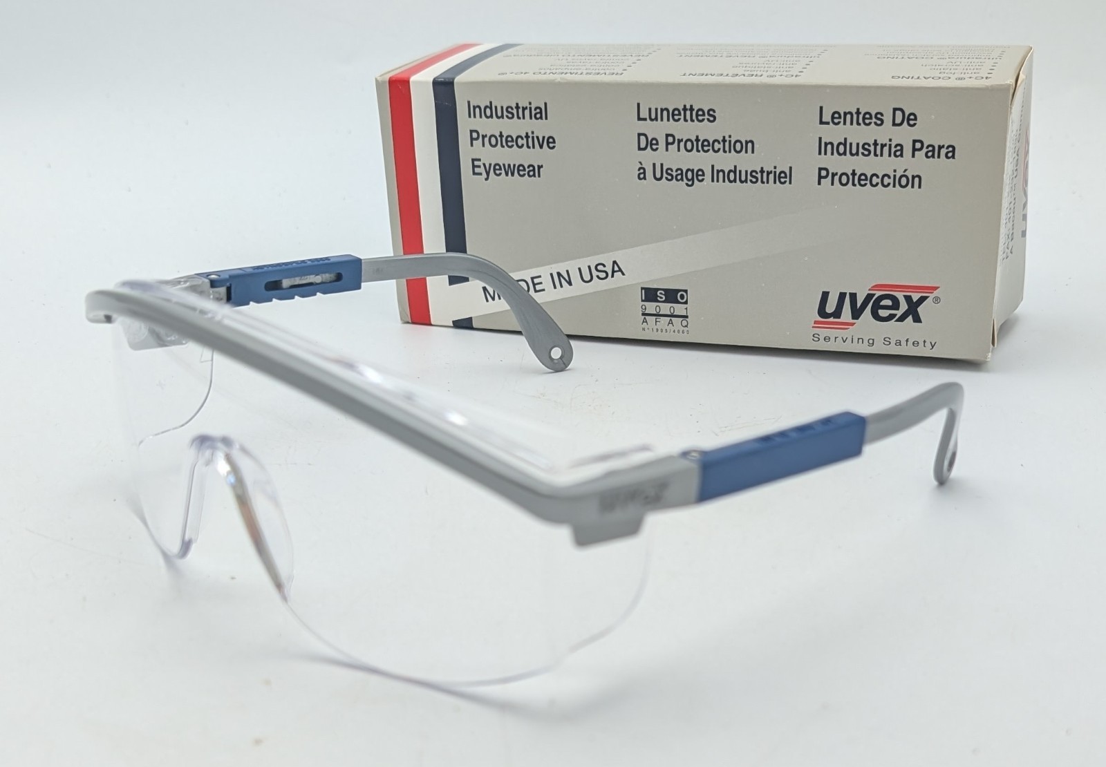New NOS UVEX Astrospec 3000 Clear Lens Safety Glasses Made In USA Blue Silver New NOS UVEX Astrospec 3000 Clear Lens Safety Glasses Made In USA Blue Silver