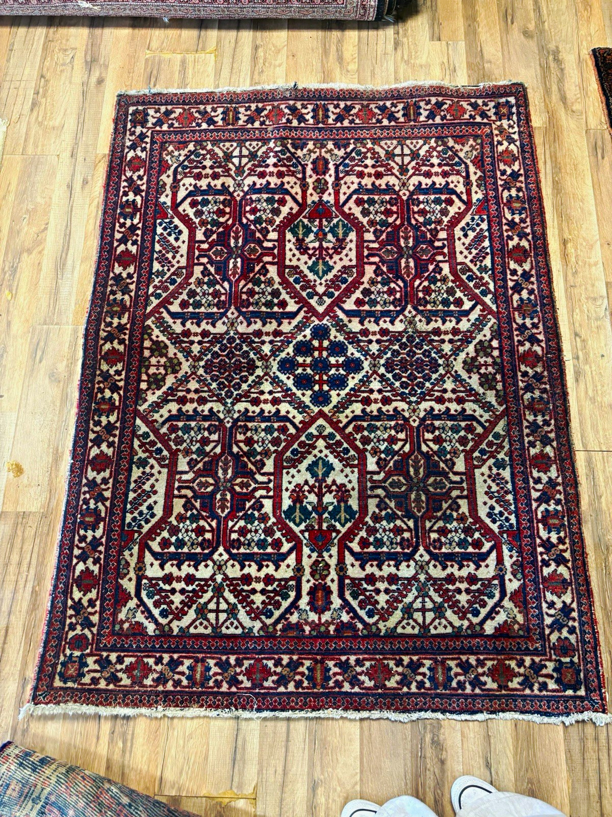 Vintage Tribal Rug 5x 3’6 Qashqai Style Hand Knotted Wool Red Navy Cream Vintage Tribal Rug 5x 3’6 Qashqai Style Hand Knotted Wool Red Navy Cream