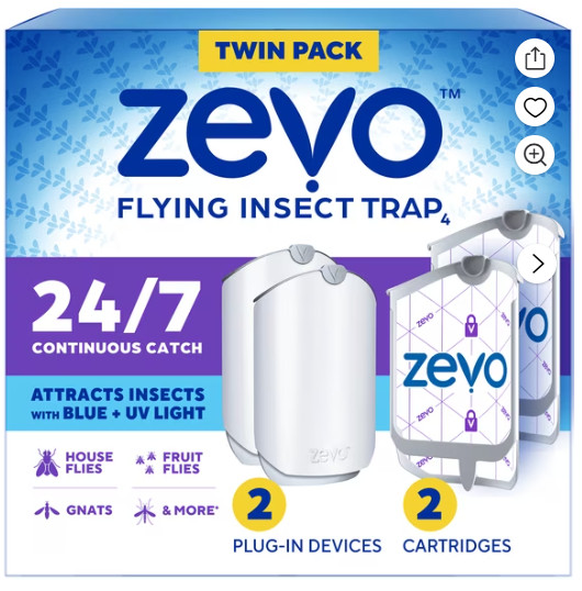 Zevo Flying Insect Trap (2 Plug-in Bases + 2 Cartridges) Featuring Blue UV Light