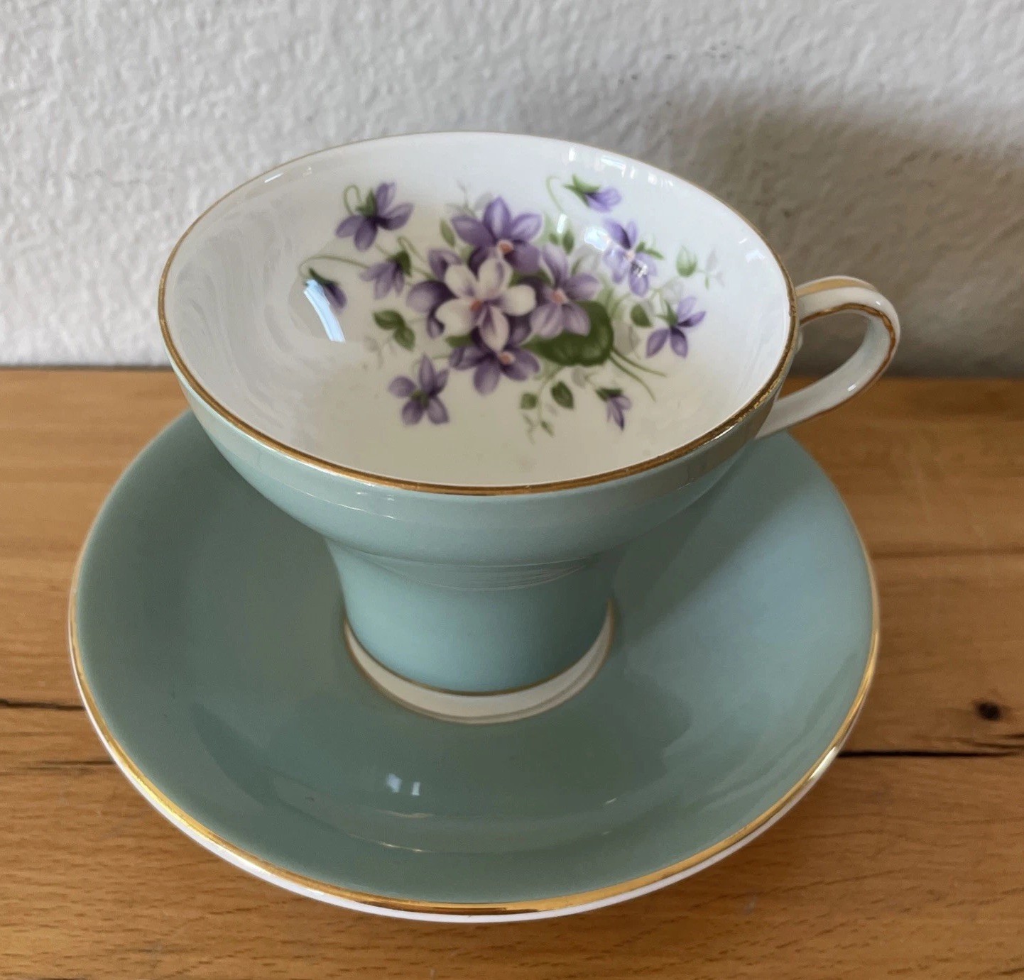 VTG Aynsley Corset China Tea Cup w Saucer Mint Green w Violets Gold Rim EUC