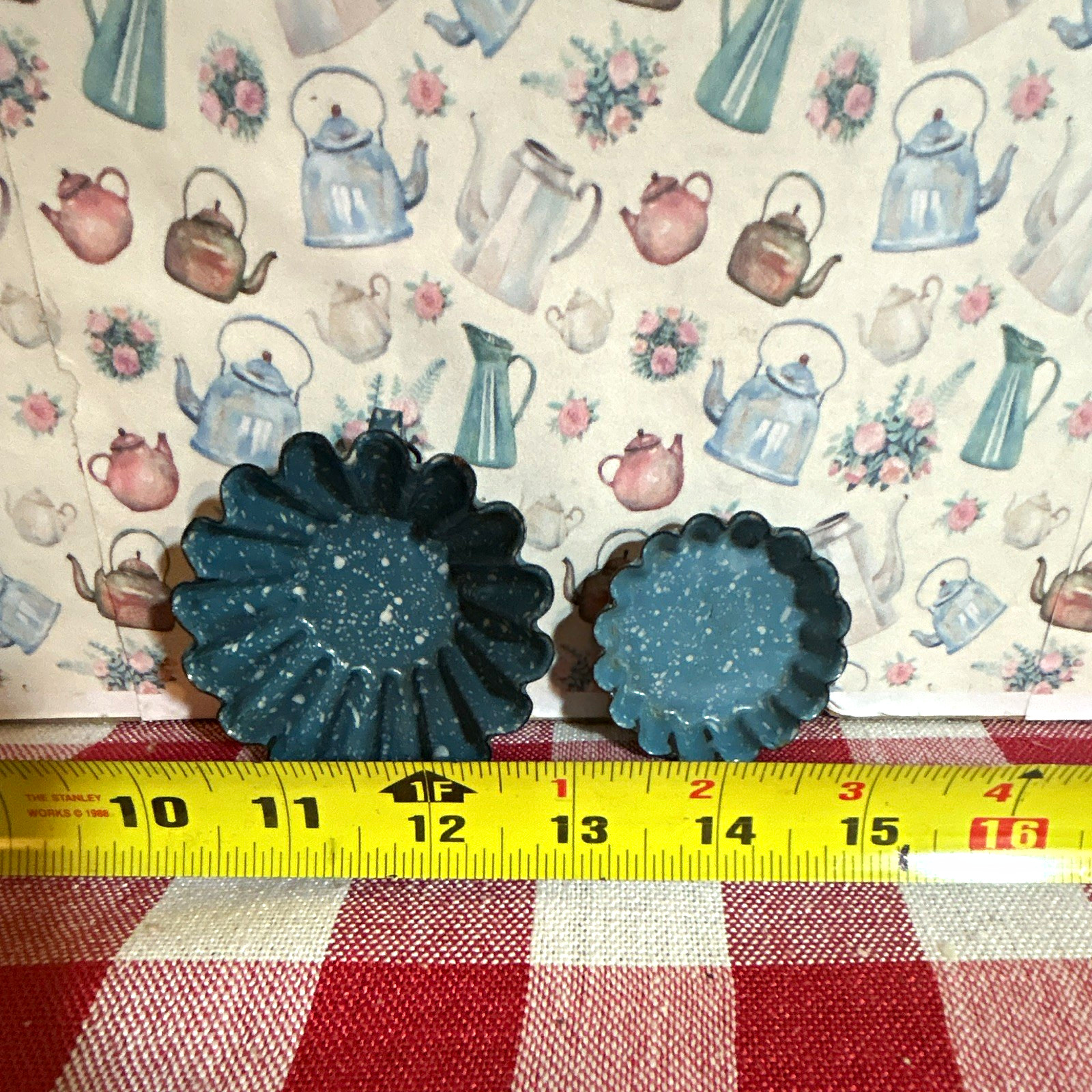 Antique toy 2pc Blue/White Speckled enamelware Fluted Candy & Chocolate Molds