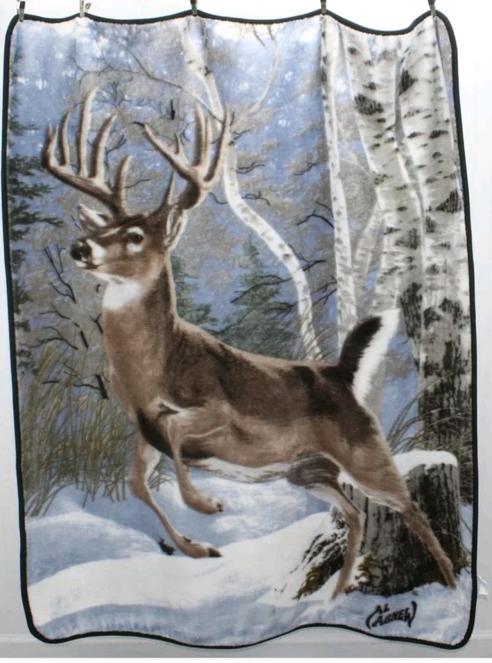 Vintage Al Agnew Early Snow Whitetail Deer Print Fleece Throw Blanket Northwest 