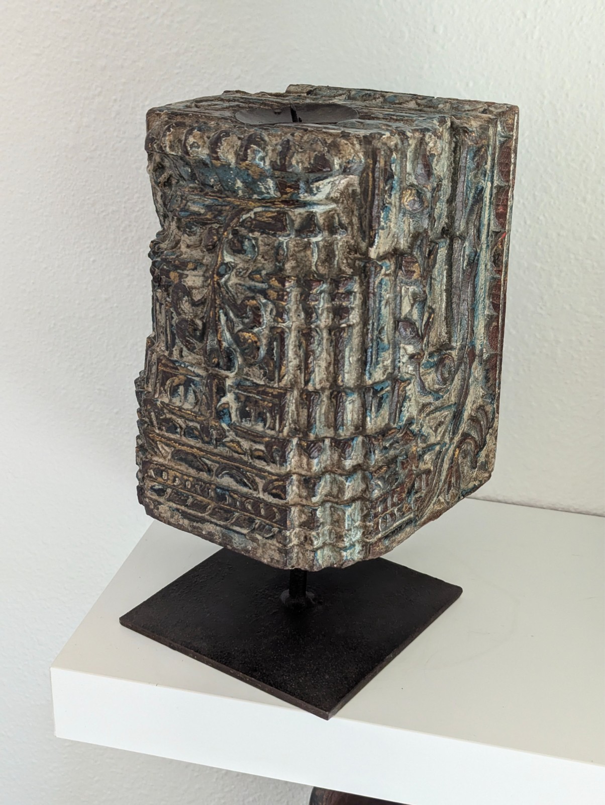 Antique indian carved wood abstract architectural cadle holder on pedestal