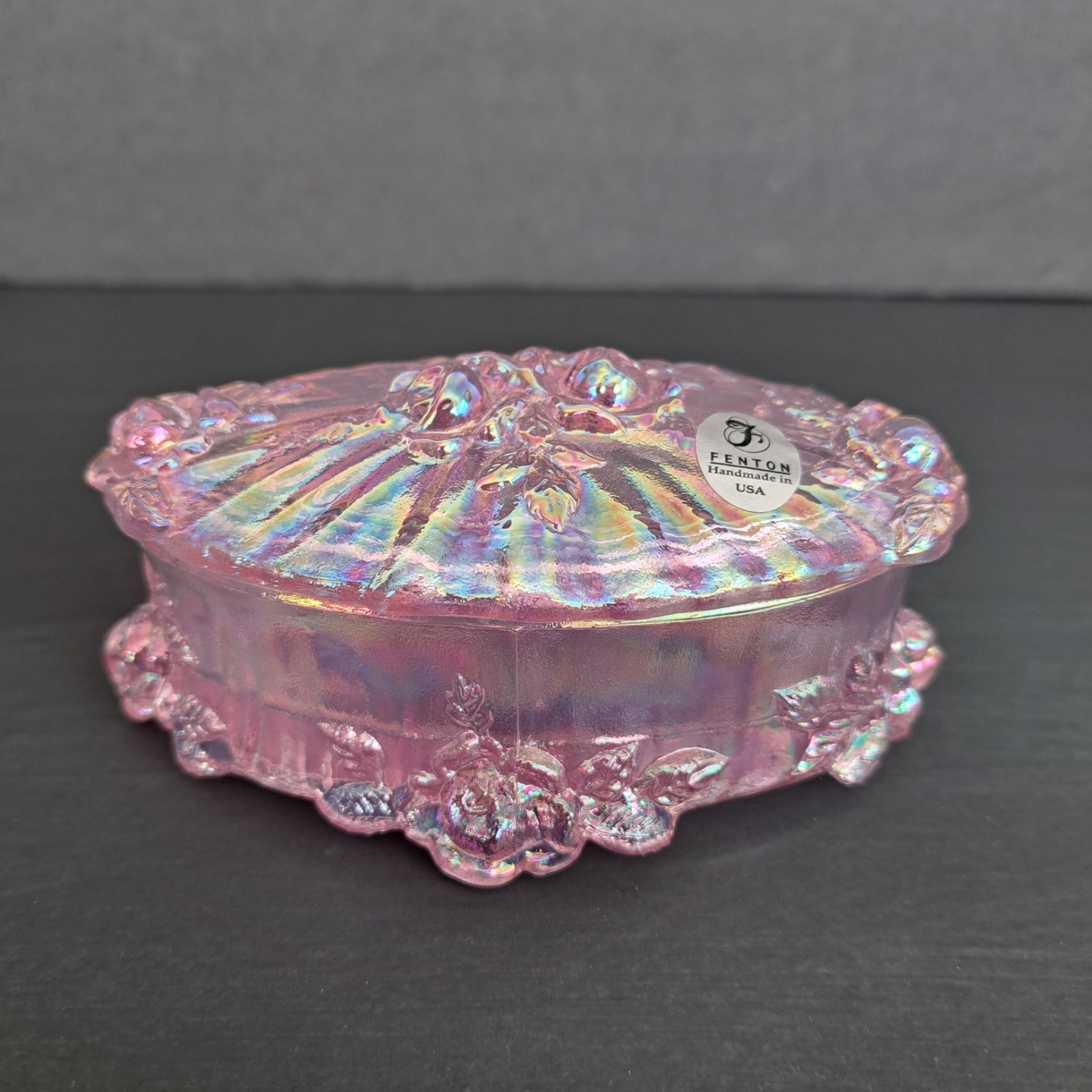 Vtg Fenton Cabbage Rose Trinket Box Oval Colonial Pink Iridescent Glass Footed