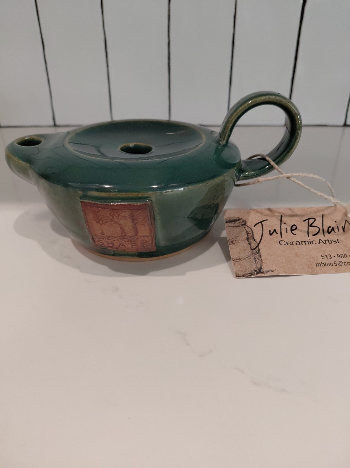 Hand Thrown New Studio Art Pottery Green  Glazed Sandstone Oil Lamp/Weed Pot