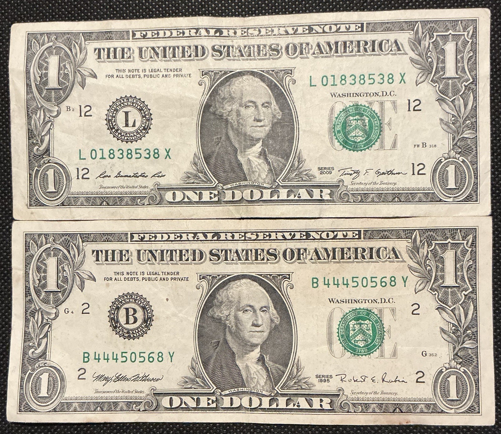 1995 2009 Series $1 Fancy Serial Number with L/x Block and B/Y Blocks.