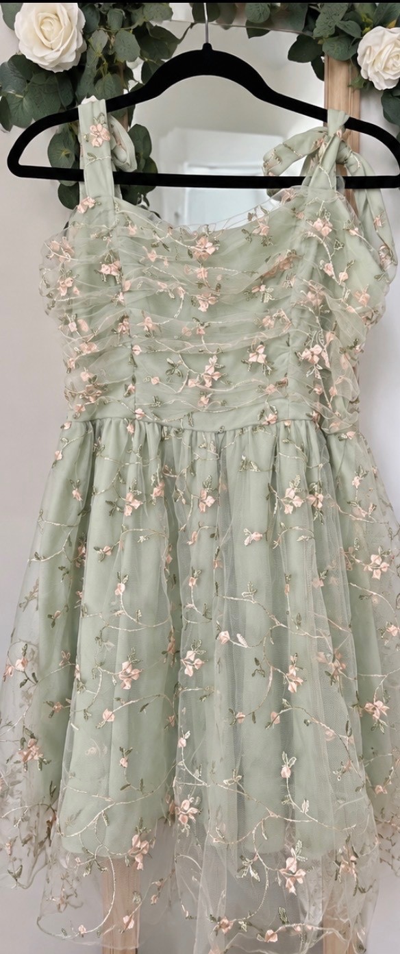 shein sage green embroidered tulle mini dress - tie straps