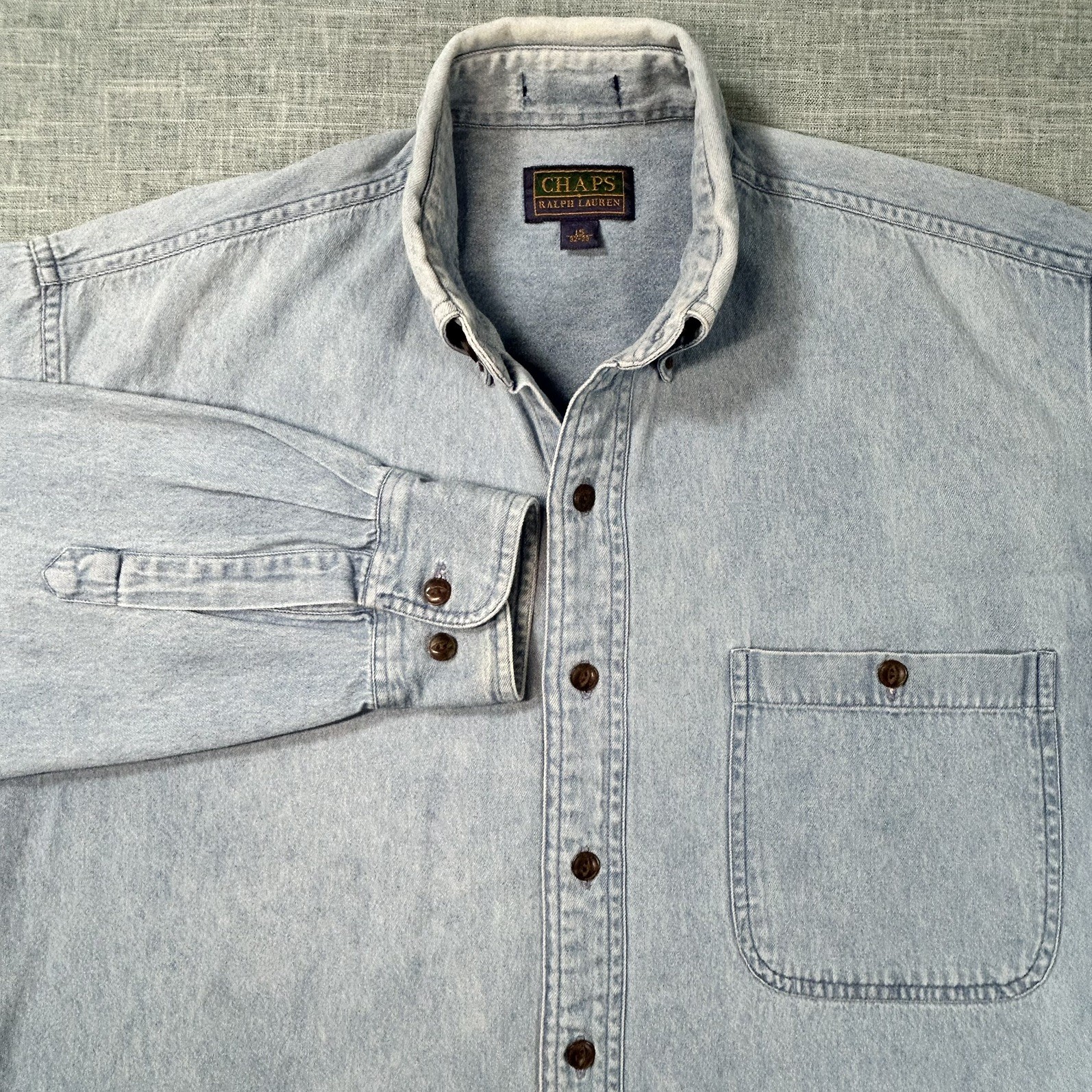 Vtg Chaps Ralph Lauren Shirt Mens 15 32-33 Blue Denim Button Down Western Fade