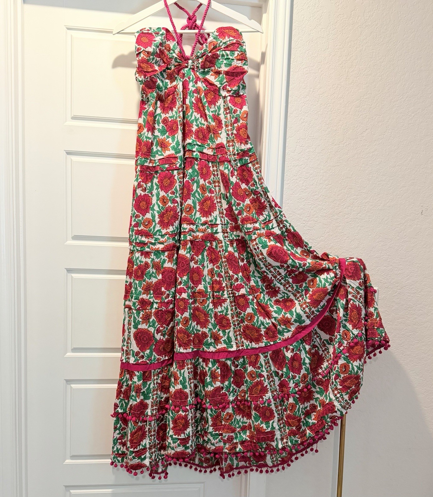 Ro\'s Garden Floral Pink Print Maxi Dress Sz M Tassel Boho Romantic