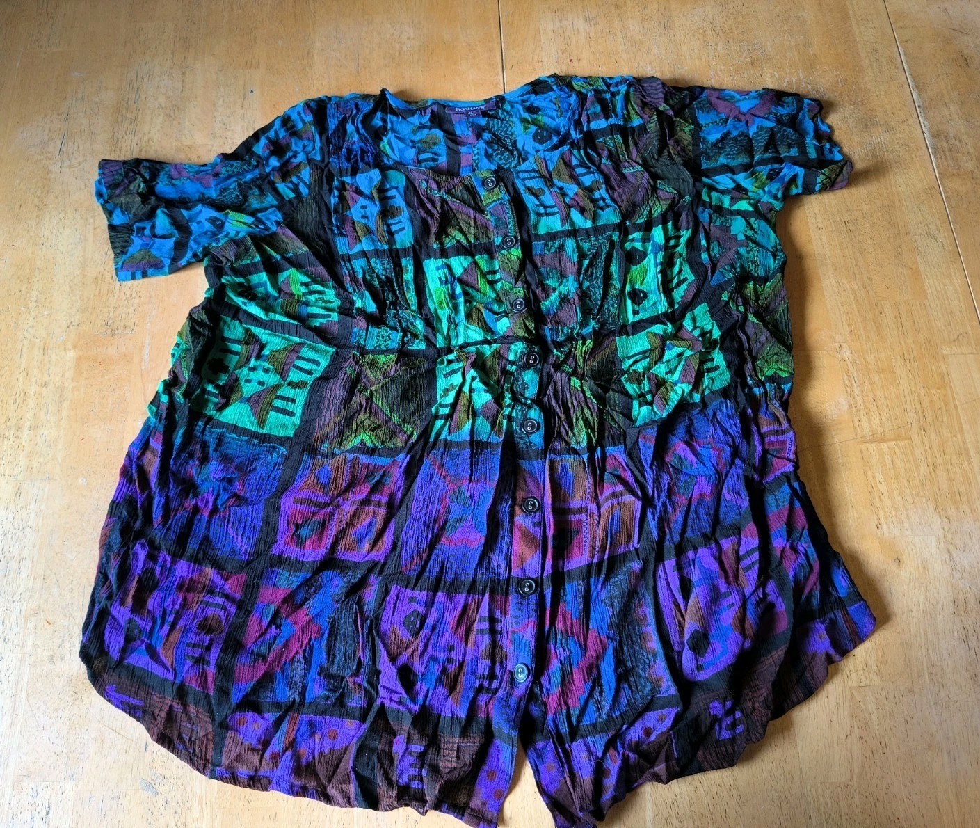 Roaman\'s Vtg crinkle-textured Sz 24 top abstract geometric Green Purple Blue