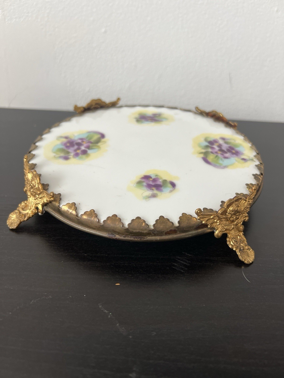 Antique Wm Guerin Limoges Porcelain Table Plateau Ormolu Cherub Feet Violets 7