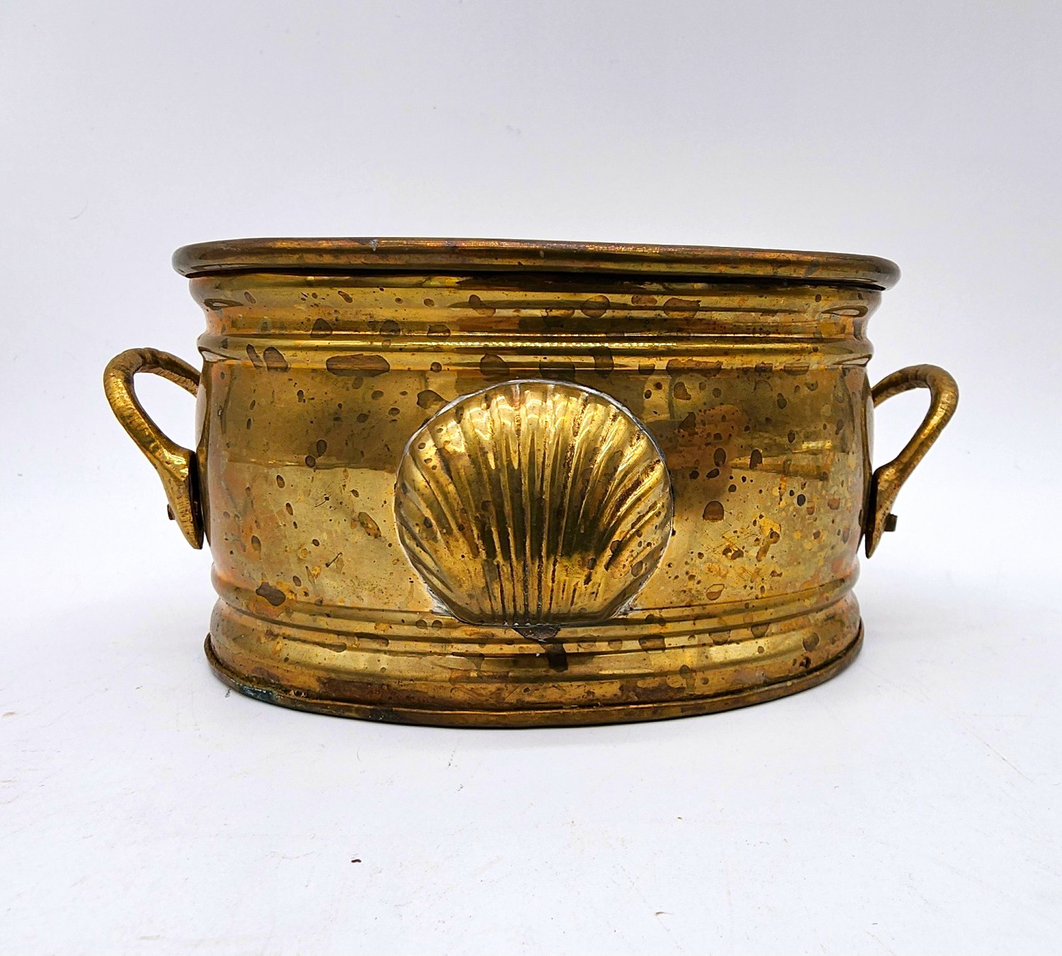 Vintage Brass Oval Planter Jardiniere Scallop Shell Handles Nautical Patina