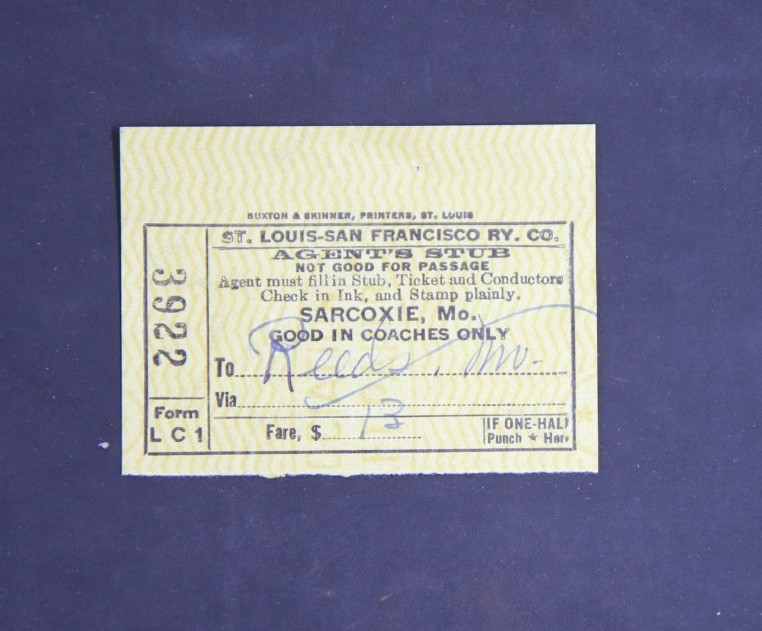 1945 SL-SF / Frisco Railroad ticket stub, Sarcoxie, Missouri to Reeds, Missouri