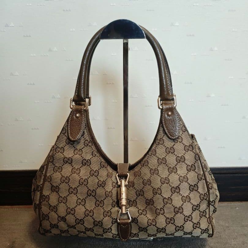 GUCCI Jackie Shoulder Bag GG Canvas Leather Brown Gold Piston Lock Authentic