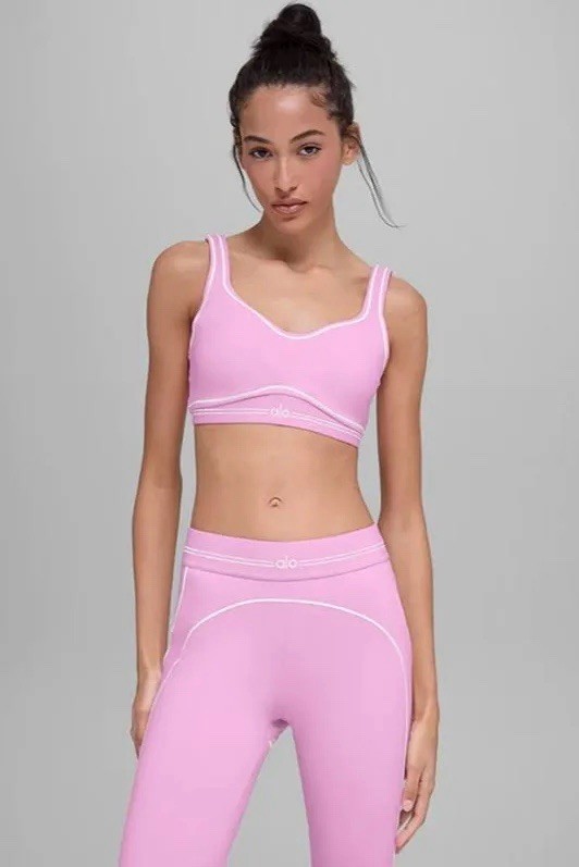 Alo Women’s Pink/White Trim 2-Piece Leggings & Sports Bra Set Stretch  Size M