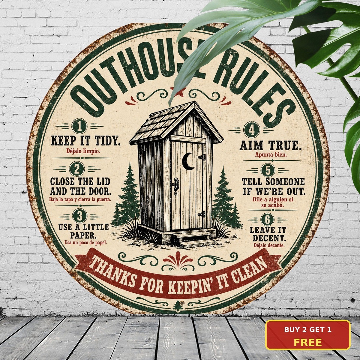 outhouse_rules_toilet_etiquette_guide_bilingual_humorous_bullets_distressed_rust