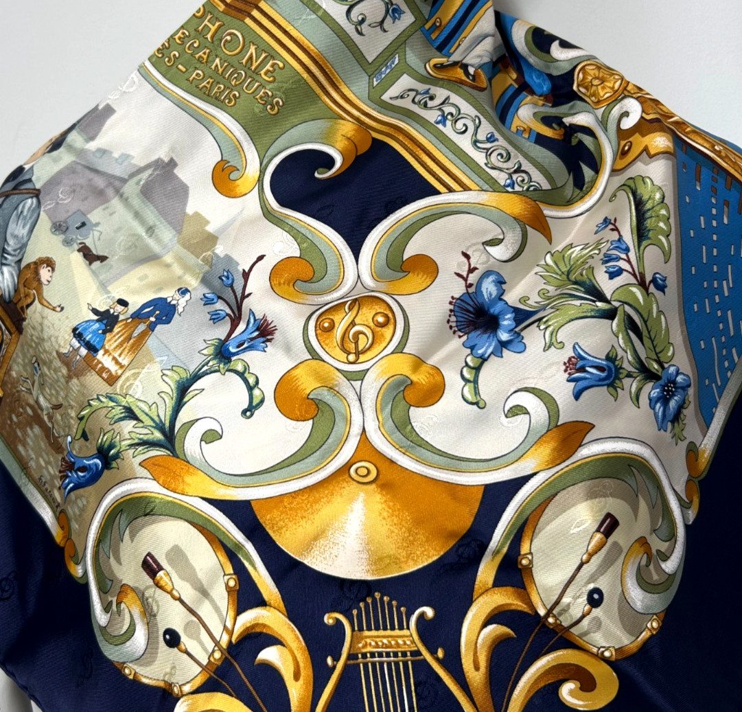 Hermes Scarf w/Box 90 \'Orgauphone Et Autres Mecaniques\' 100% Jacquard Silk Navy