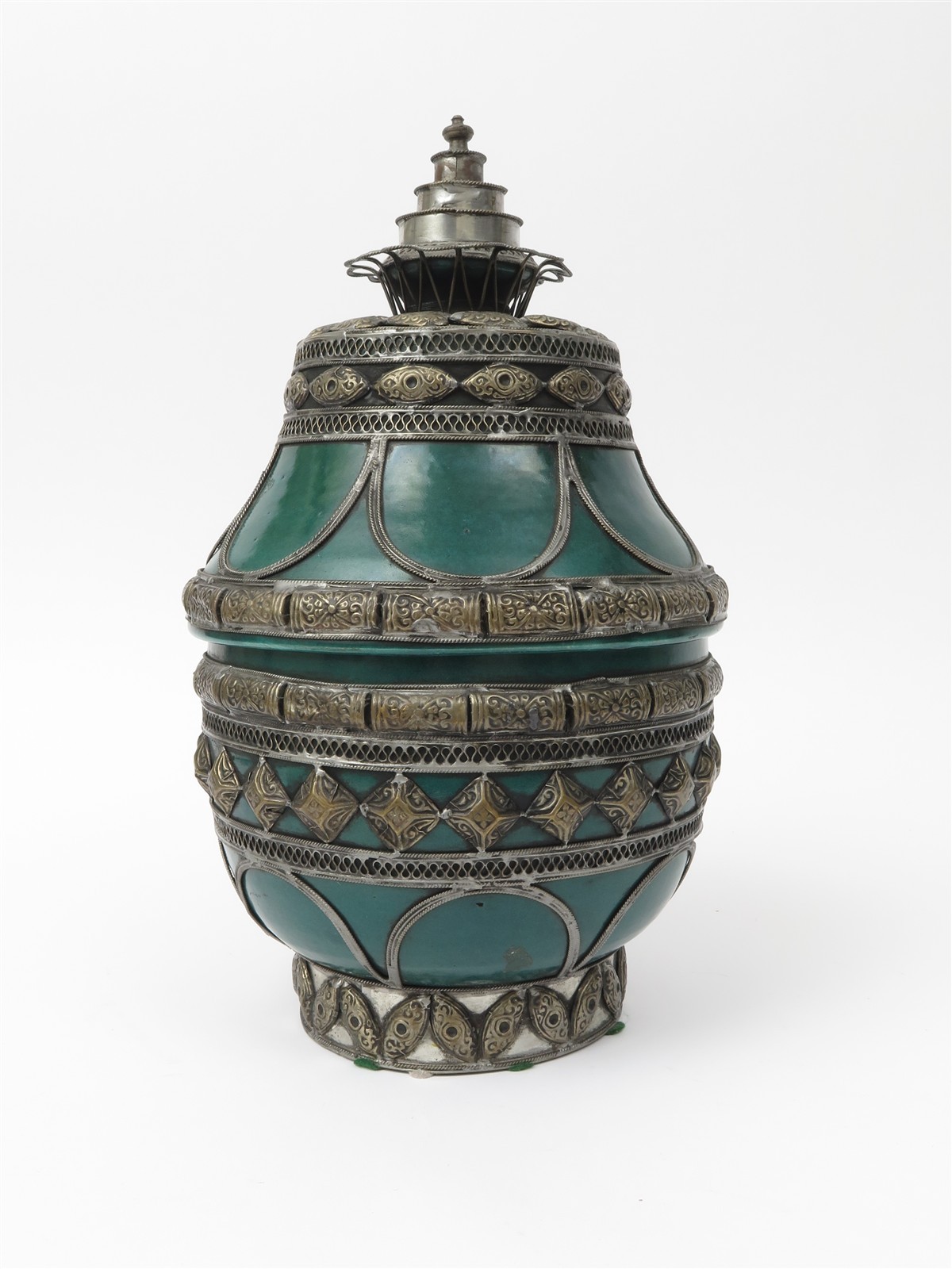 Vintage Moroccan Fez Pottery Covered Jar Green Glaze Nickel Filigree 15.5\