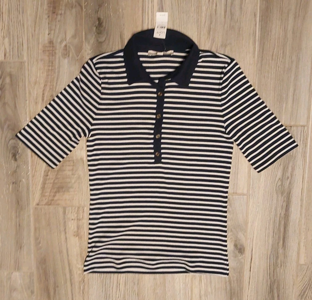 LOFT Womens Large L Navy Blue White Striped Boat Neck 3/4 Sleeve Sweater NWT
