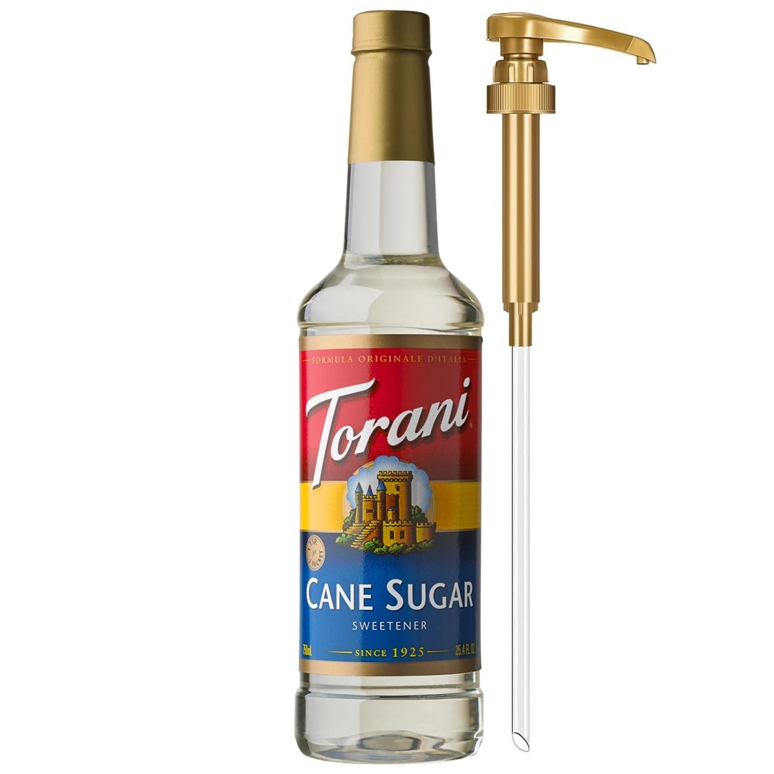 Torani Cane Sugar Sweetener, Simple Syrup for Drinks & Desserts, Pump Included,