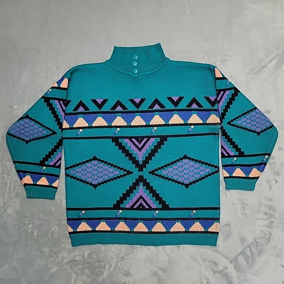 VTG Lindsay Gray Sweater Men Large Teal Geometric Mock Neck Southwest 90s Retro