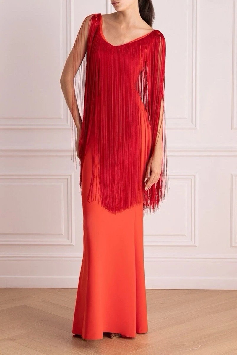 Chiara Boni La Petite Robe Red Fringe Evening Gown XS NEW