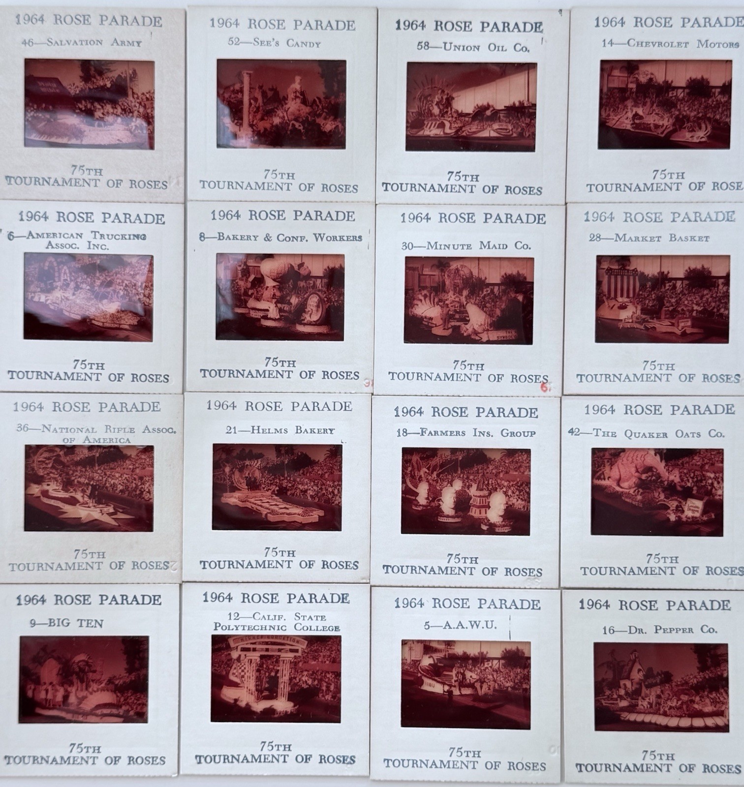 Vtg 1964 Rose Parade Slides NRA Dr Pepper Chevrolet Union Oil Big Ten Cali State